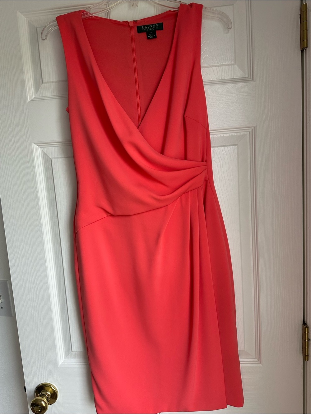 Ralph Lauren Coral-Red Sleeveless Draped V-Neck Midi Dress - Picture 3 of 5
